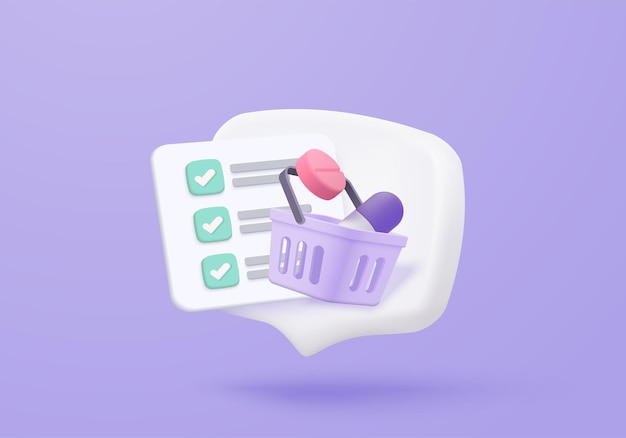Farmacia 3d con botiquín de primeros auxilios y equipo médico Lista de verificación de pedidos de medicamentos con teléfono móvil y concepto de bolsa de compras de salud Farmacia 3d e icono de comercio electrónico ilustración de representación vectorial