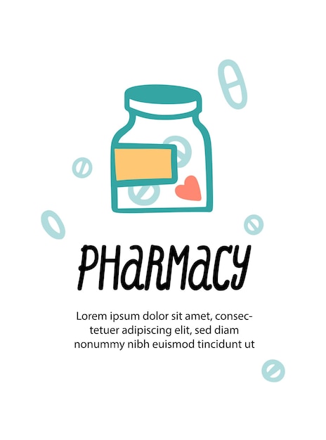 Farmacia. cartel o impresión con una botella de pastillas y un corazón. píldoras y cápsulas dispersas en vector