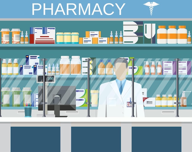 Farmacia interior moderna o farmacia con farmacéutico masculino en el mostrador. Medicina píldoras cápsulas botellas vitaminas y tabletas. ilustración vectorial en estilo plano.