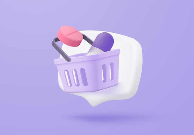 Farmacia en línea 3D con botiquín de primeros auxilios y equipo médico Ordenar medicamentos con teléfono móvil y bolsa de compras Concepto de atención médica Farmacia 3D y comercio electrónico Icon vector render ilustración