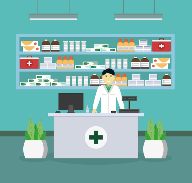 Vector farmacia con medicamentos y farmacéutico. estilo plano.