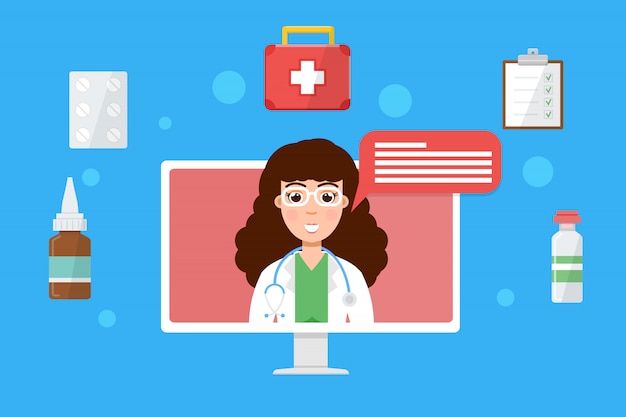 Farmacia, médico consulta médica en línea, servicio de salud en internet. ilustración.