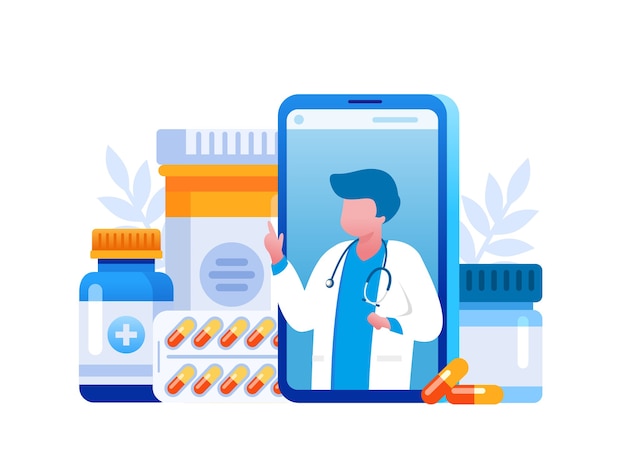 Vector farmacia online con médico de consulta online