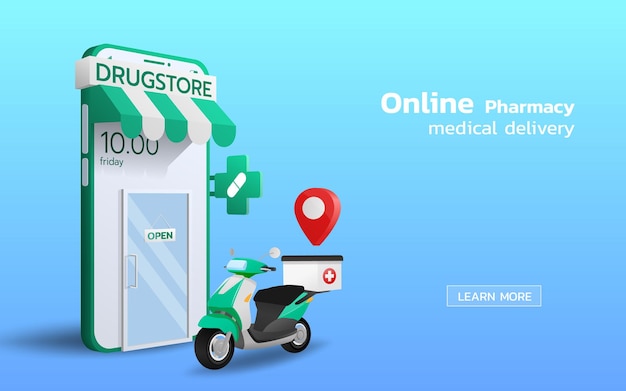 Farmacia online con servicio de entrega a domicilio en diseño de vector de perspectiva 3d. Nueva tecnología, entrega en moto scooter, rápida, segura y brinda comodidad a los clientes que utilizan el servicio.