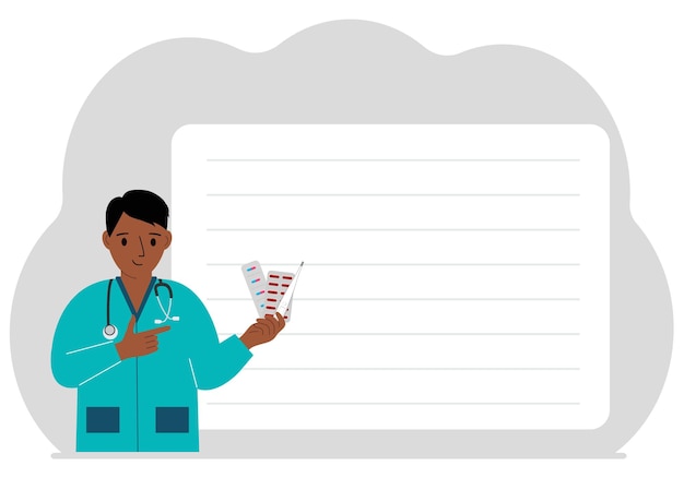 Farmacista masculino con medicamentos y termómetro en la mano En el fondo hay una gran hoja blanca para el texto Ilustración plana vectorial