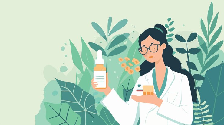 Vector farmacista profesional inventa un producto orgánico en el laboratorio