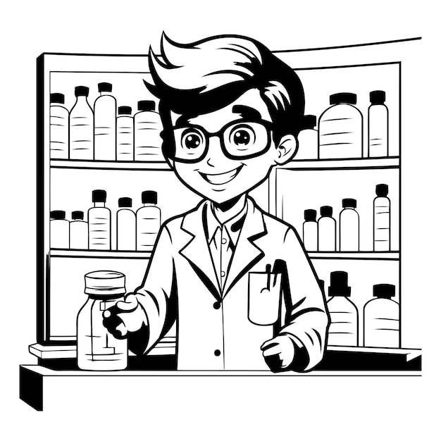 Vector farmacista en la tienda ilustración vectorial en blanco y negro