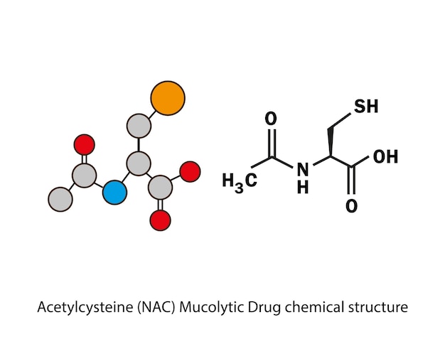 Fármaco mucolítico NAC de acetilcisteína Fórmula química esquelética