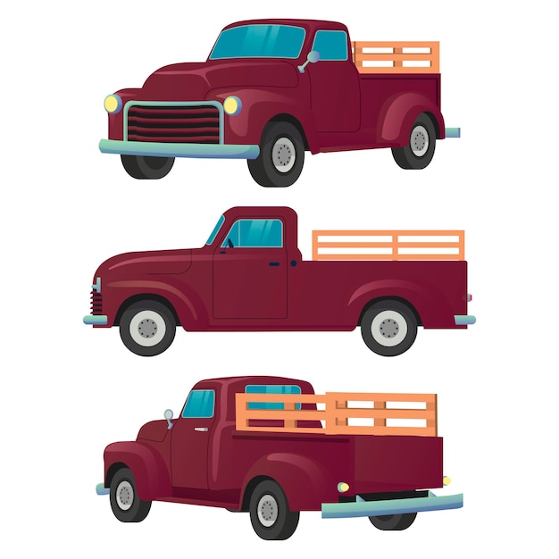 Farmer vintage pickup truck front side y back view vector illustration
