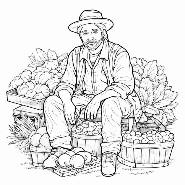 Vector farmer_with_harvest_isolated_coloring_page_vector