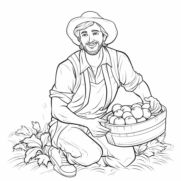Vector farmer_with_harvest_isolated_coloring_page_vector