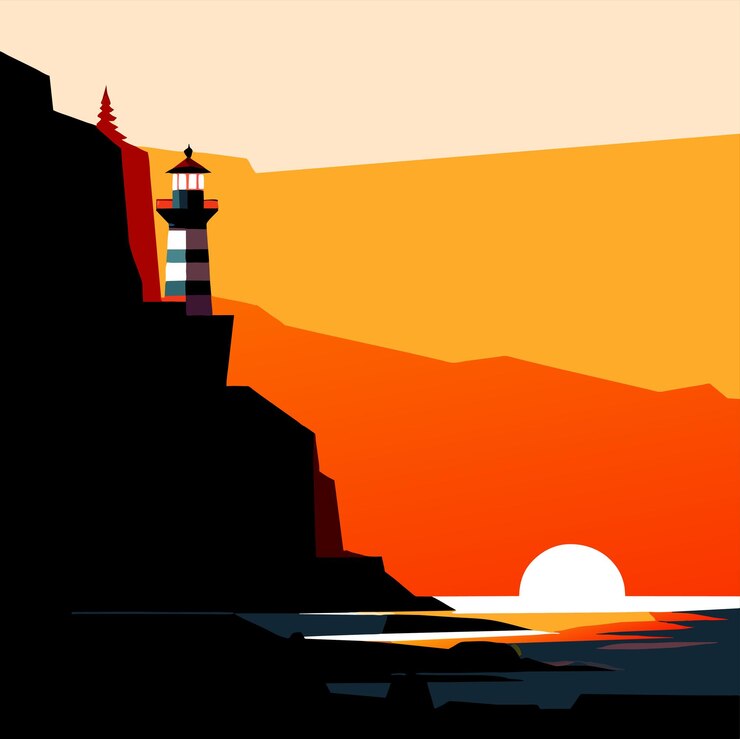 Vector faro en un acantilado rocoso en la orilla del mar al atardecer