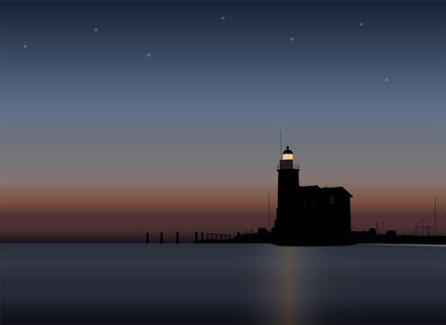 Vector faro con amanecer en la noche