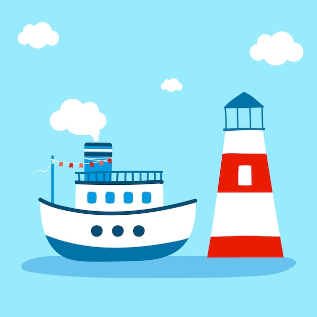 Faro y barco ilustración vectorial en estilo plano sobre fondo azul