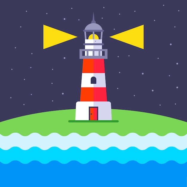 Un faro brilla por la noche para guiar a los barcos. Ilustración plana
