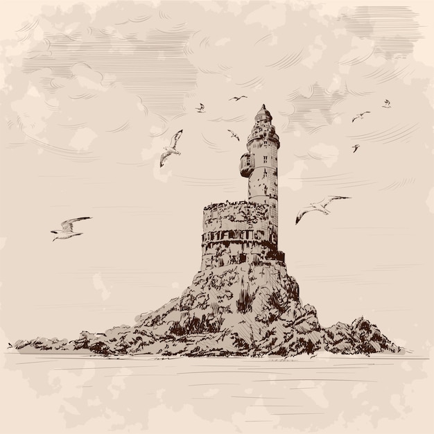 Faro en la costa rocosa. las gaviotas vuelan sobre el acantilado. dibujo a mano sobre un fondo beige.