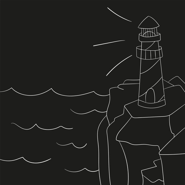 Faro en el ejemplo del vector del fondo de la historieta de la playa del océano o del mar. Faro en la costa del mar, estructura del faro en la orilla