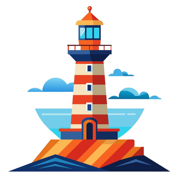Vector un faro está en un fondo blanco con una imagen colorida de un cielo y nubes