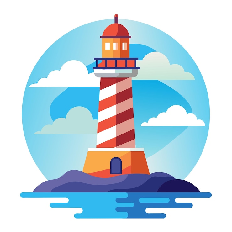 Vector un faro está en un fondo blanco con una imagen colorida de un cielo y nubes