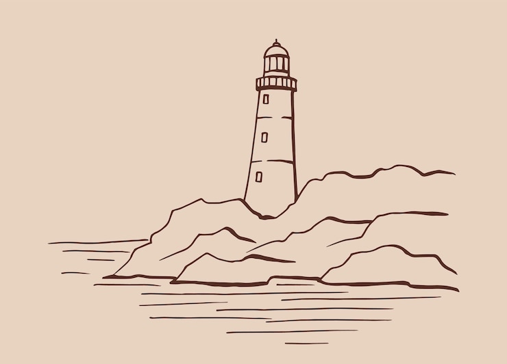 Vector faro ilustración dibujada a mano convertida en vector vector de ilustración de boceto de paisaje gráfico de la costa del mar