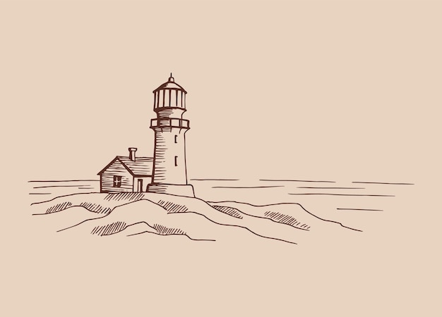 Faro Ilustración dibujada a mano convertida en vector Vector de ilustración de boceto de paisaje gráfico de la costa del mar