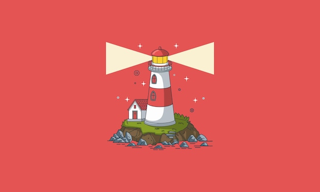 Faro lúdico con vigas en una isla rocosa