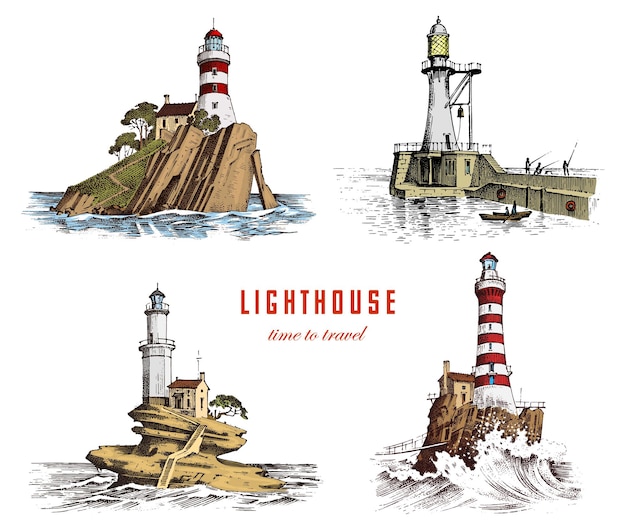 Faro y mar Dibujo marino viaje náutico y paisaje marino Iluminación en el océano grabado