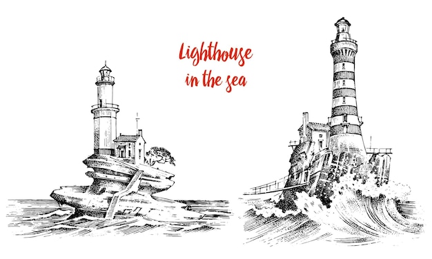 Faro y mar Dibujo marino viaje náutico y paisaje marino Iluminación en el océano grabado