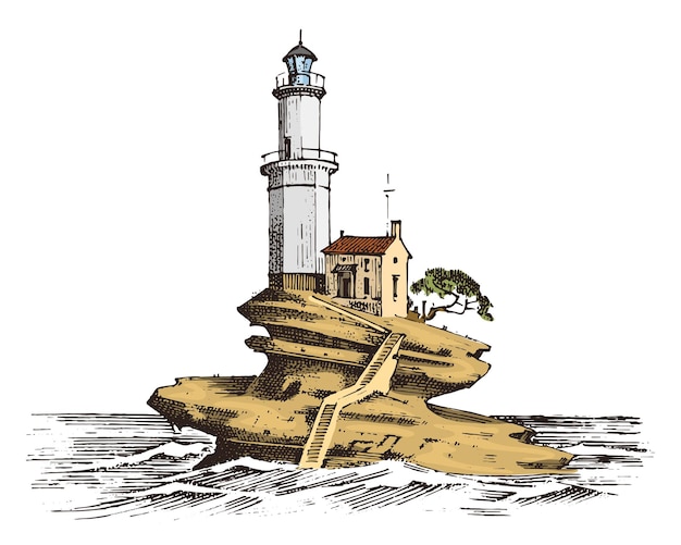 Faro y mar dibujo marino viaje náutico y paisaje marino iluminación en el océano grabado