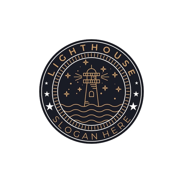 Faro modo nocturno línea arte emblema icono vintage logotipo vector ilustración plantilla diseño torre línea arte emblema logotipo