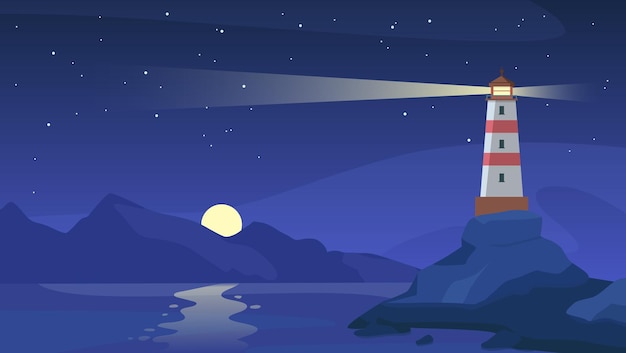 Faro de noche. baliza de mar con haz en costa rocosa. torre de luz de navegación de dibujos animados en la orilla del mar, cielo estrellado y paisaje de vector de océano. ilustración de orientación de construcción, puerto de la costa del mar