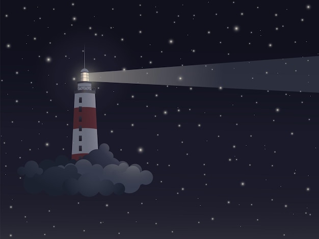 Vector el faro en las nubes en el cielo fondo de fantasía paisaje nocturno estrellas haz de luz