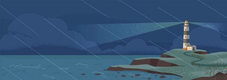 Faro en la orilla del mar en la ilustración de vector plano de noche lluviosa. Isla pharos, paisaje marino, construcción de señales en la playa. Paisaje costero con faro. Torre de ayuda a la navegación en el horizonte.