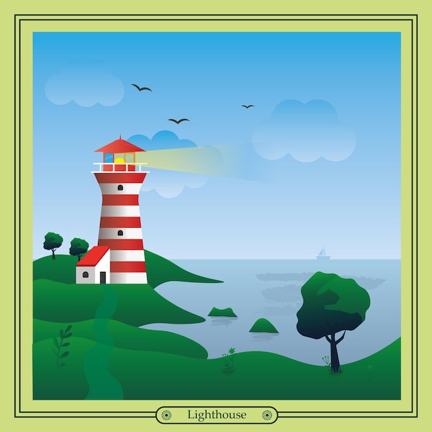 Vector faro - paisaje de mar con faro en el acantilado.