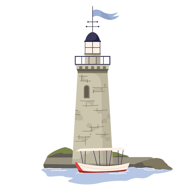 Faro de piedra con barco Arquitectura costera marina Ilustración vectorial plana