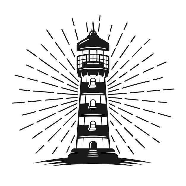 Faro con rayos vector ilustración negra en estilo vintage aislado en blanco