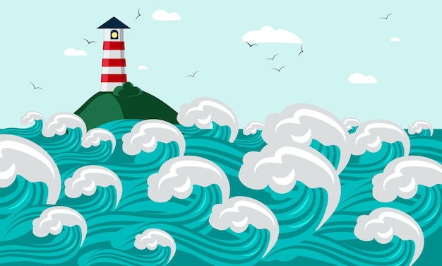 Faro en las rocas de las islas alrededor del mar olas ásperas vector de dibujos animados faro