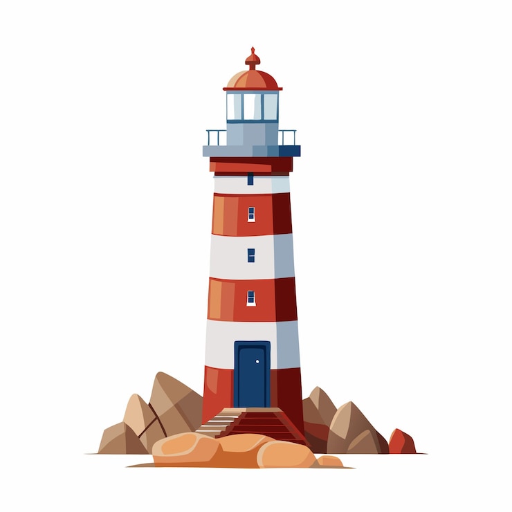 Vector faro rodeado de piedras ayuda de navegación para la gente de mar en el mar ilustración vectorial 9