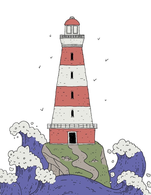 Faro sobre roca entre tormentosas olas marinas. Paisaje con reflector de torre de señales con rayas rojas y agua para el diseño de pancartas. Ilustración de fideos de línea vectorial.