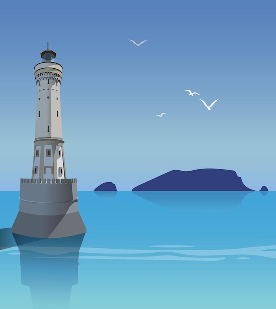 Faro en el telón de fondo de un paisaje marítimo Vector