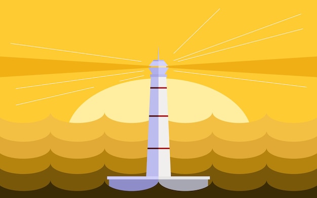 Faro en el vector de diseño plano de mar ilustración en colores cálidos con océano y puesta de sol