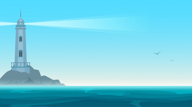 Faro de vector elegante en la isla de la roca. Edificio de baliza de navegación en el mar azul