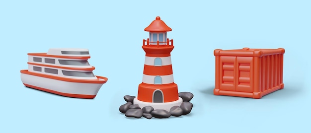 Farol de yate 3D en la orilla rocosa contenedor cerrado rojo