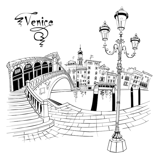 Farola veneciana vectorial y puente de rialto sobre el gran canal en venecia, italia, blanco y negro