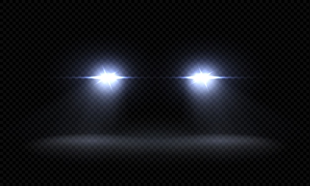 Faros de coche realistas. Haz de luz frontal del tren, rayos de luz brillantes transparentes, efectos de luz nocturna en la carretera