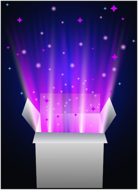 Una fascinante ilustración vectorial de una caja de regalos mágica abierta que irradia una luz brillante con chispas