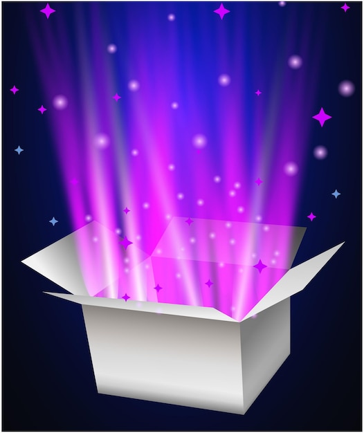 Una fascinante ilustración vectorial de una caja de regalos mágica abierta que irradia una luz brillante