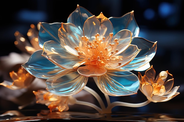 Vector el fascinante loto hace alarde de una vibrante paleta de tonos naranja y azul, imagen de una flor de nenúfar