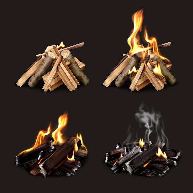Fases de fogata conjunto realista de cuatro imágenes aisladas con hoguera en varios puntos de ilustración vectorial en llamas