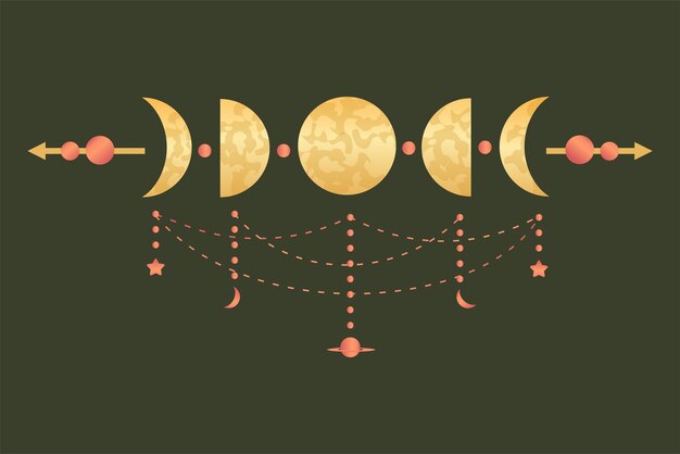 Fases de la luna para la astrología sagrada pagana Celestial ciclo completo de lunas con decoraciones Ilustración vectorial